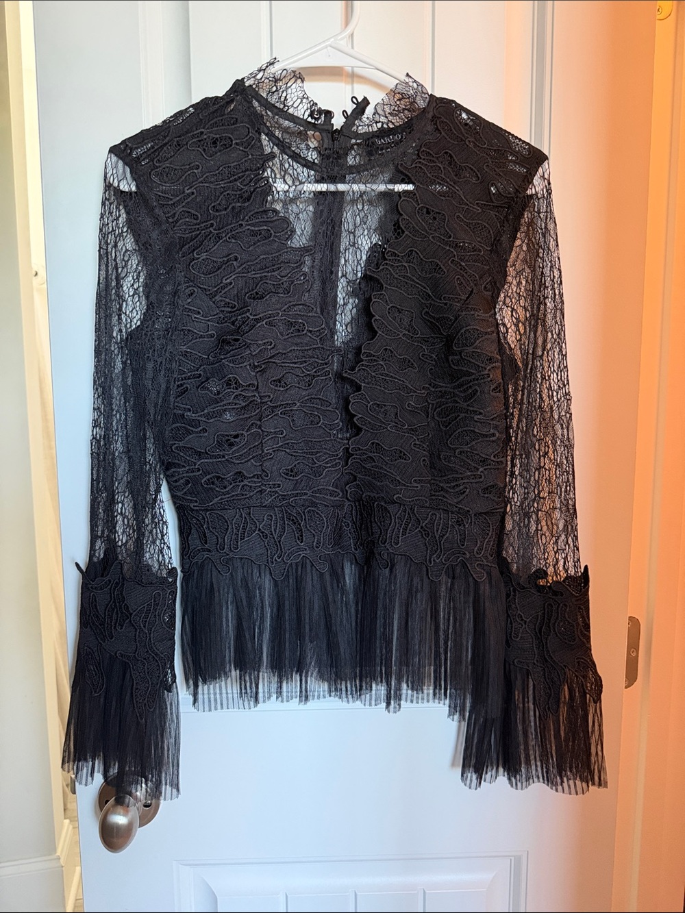 REVOLVE Black Sheer Lace Long-Sleeve Blouse with Pleated Fringe
